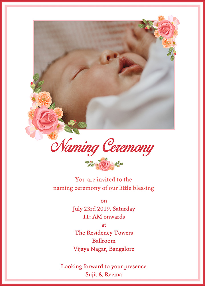 Baby Naming function invitation with photo free personalised greetings